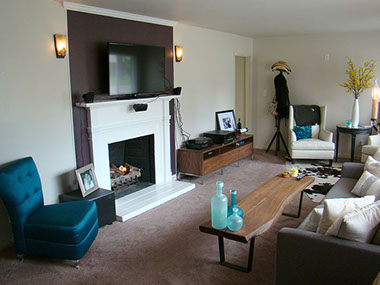 fireplace, pendant lights, TV mantle, carpet