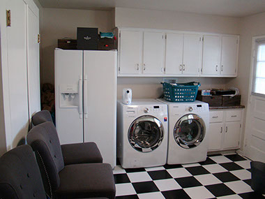 refridgerator, utility closet, white cabinets